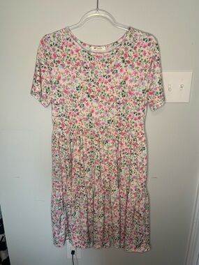 Floral Tiered Midi Dress in Pink & Green by BOMBOM